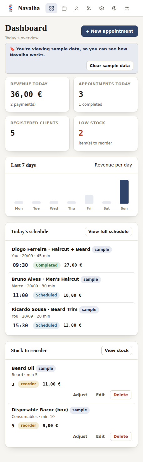 Navalha dashboard view on mobile